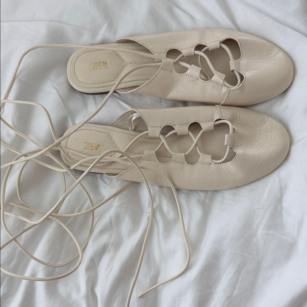 Zara Cream Lace-Up Leather Mules